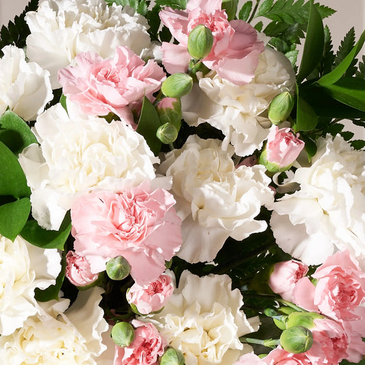 A close-up of a flower arrangement featuring white carnations and light pink carnations with green buds and dark green leaves.